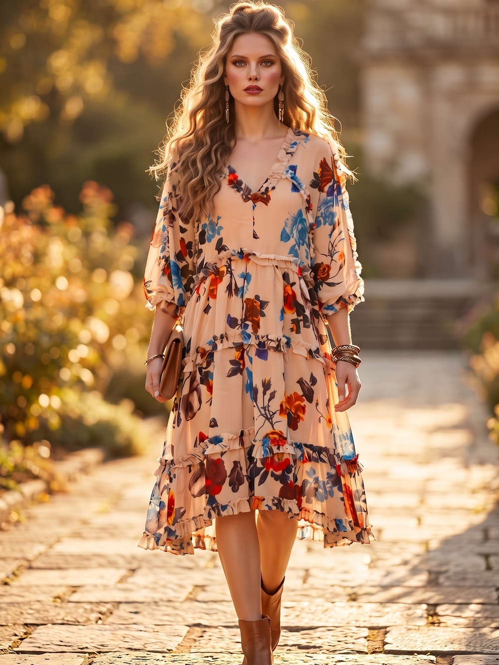 Beige Floral Tiered Midi Dress with Blue & Red Blooms